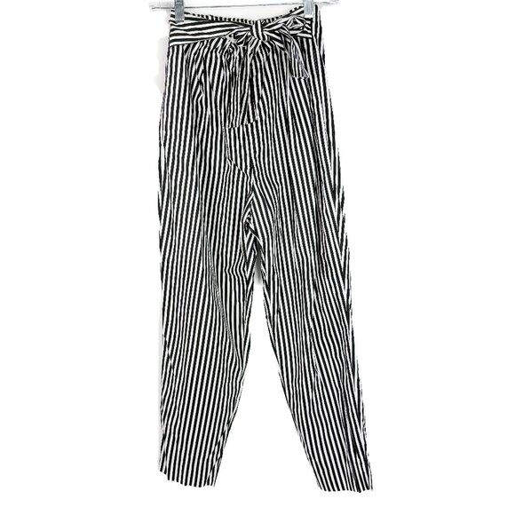 Zara Collection Striped Pull On Cropped Tie Waist Poplin Pants Size XS EUC - Picture 1 of 11